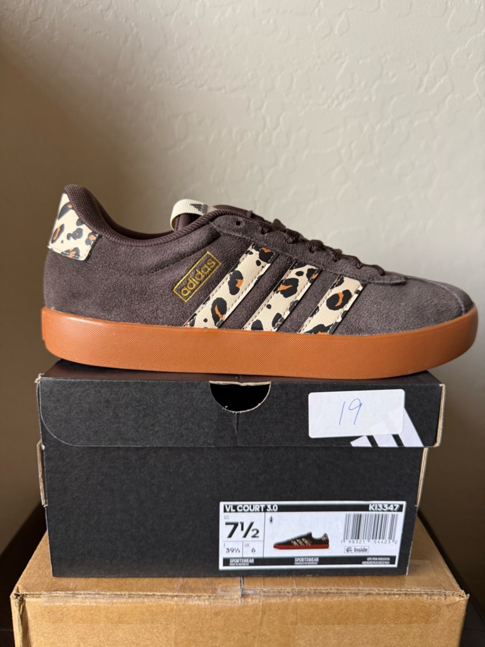 adidas Women's VL Court 3.0 Brown Suede Sneakers with cheetah Accents
